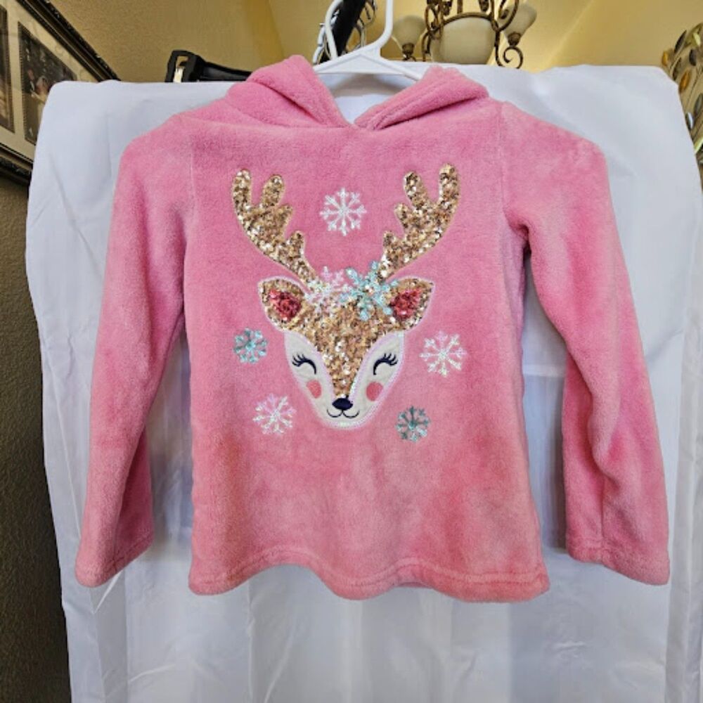 #0263 Cynthia Rowley Girls Pink Sequin Reindeer Plush Fleece Hoodie Sweatshirt S